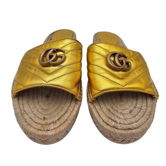 Gucci GG Quilted Leather Espadrille Flat Slide Sandal Size 41 US 11 Gold Leather - Picture 4 of 11